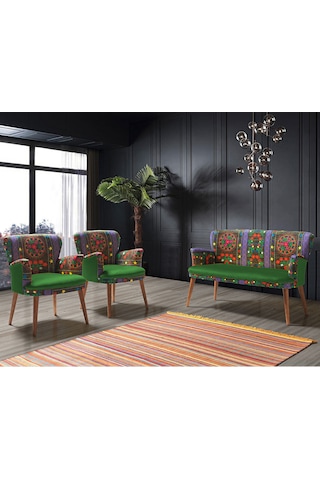 Azra Mobilya - Roma Çay Seti Koltuk Takımı - Etnik Desen Kumaş - Ahşap Demonte Ayak Etnik Desen - Yeşil