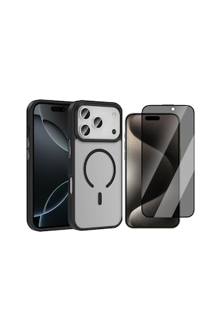 Vendas Apple Uyumlu iPhone 17 Pro Max Kılıf M-safe Şarj Özellikli Mat Arka Yüzey Zore Sio Kapak + Hayalet Ekran Koruyucu Siyah