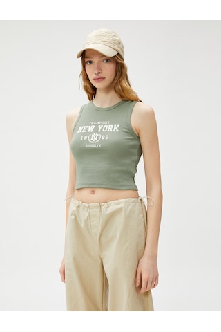 Koton Crop Atlet Baskılı Fitilli Bisiklet Yaka Haki 3sal30121ık 3SAL30121IK856