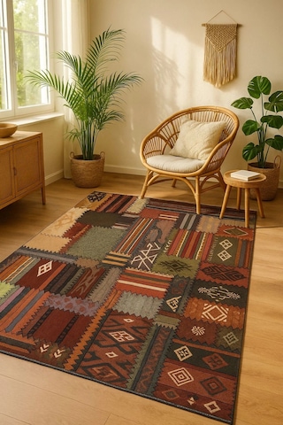 Patcwork Desen Renkli Modern Halı Dekoratif Kilim Bordo
