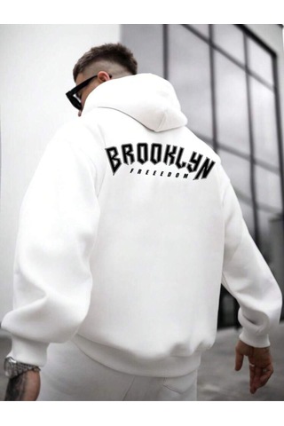 Unisex Oversize Beyaz Brooklyn Freedom Baskılı Sweatshirt Kapüşonlu Hoodie Beyaz