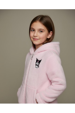 Kuromi Nakışlı Pembe Pelüş Kapüşonlu Kız Çocuk Hırka Açık Pembe
