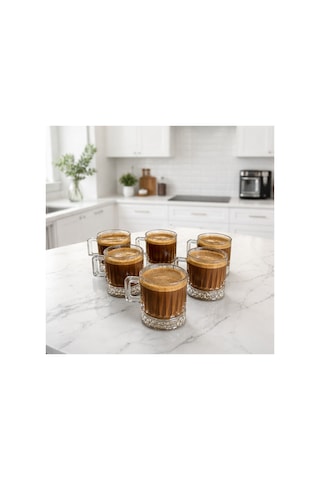 6 Lı Cam Kahve Fincanı,espresso Fincanı Seti 140 Ml Kulplu Cam Kupa Bardak Şeffaf Desenli Glass Mug Şeffaf