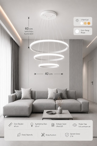 Rizon 3 Lü Led Sarkıt Avize 3 Renk Kumandalı Beyaz