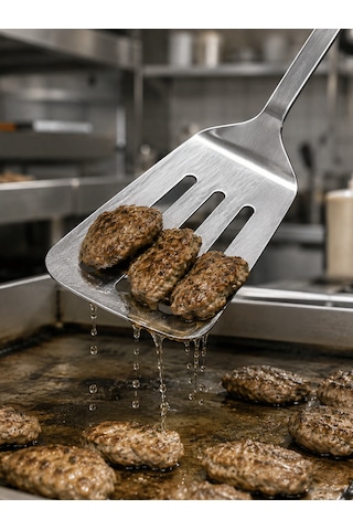 Beylini Endüstriyel Servis Spatulası Delikli Paslanmaz Çelik Uzun Saplı Geniş Yüzeyli Asılabilir Izgara Tava Lokanta Okul Yemekhane Profesyonel No1 Gri