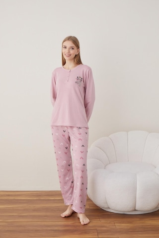 Boyraz Lindros Kadın Pamuk'lu Düğme Yaka Raporlu İnterlok Kışlık Pijama Takımı 05011 - 1 Adet Gül Kurusu