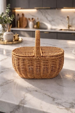 Oval Hasır Rattan Mini Kulplu Organizer Sepet,masaüstü Ekmeklik,banyo Düzenleyici Kahverengi