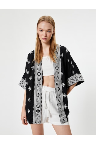 Koton Viskon Kimono Nakışlı Siyah Desenli 4sal50005ıw Siyah
