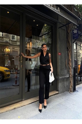 Defymoda Keten Duble Paça Deri Taba Kemerli Pantolon - Siyah Siyah