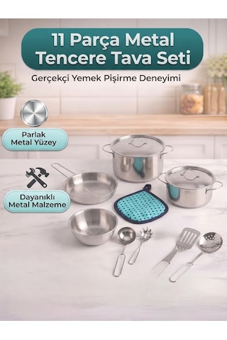 TıfılToys Çocuk Oyuncak Mutfak Seti 11 Parça Metal Tencere Tava Ve Mutfak Gereçleri Oyun Seti