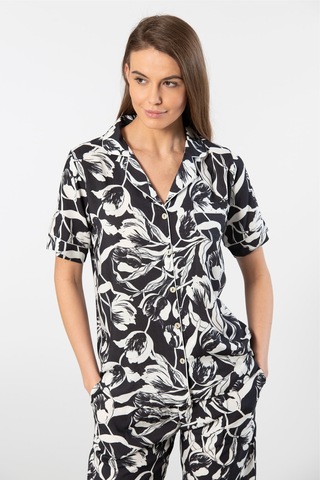 Türen Kadın Desenli Kısa Kol Dokuma Pijama Takımı Siyah