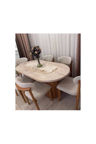 6 Ahşap Sandalyeli Bohem Mdf Masa Traverten Renk 90x190 Gri