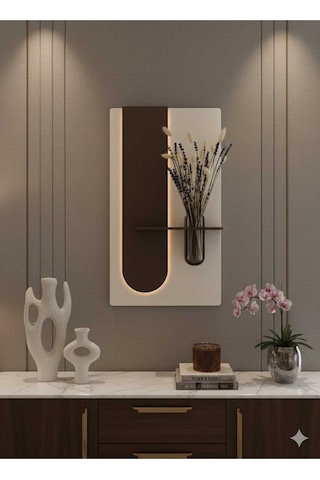 Okaliptus Ahşap Pilli Ledli İskandinav Tarzı Salon Duvar Rafı Modern Çiçeklik 40 X 70 Cm Paris Grisi - Ahşap Ceviz