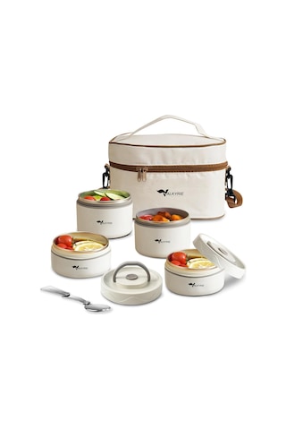 Valkyrie 4 Gözlü Paslanmaz Çelik Isı Yalıtımlı Yemek Kabı Seti Çantalı 304 Steel 2x 420ml + 2x 550ml Krem