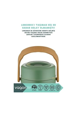 Bento 1600ml Lunchbox 2 Kaseli 4-6 Saat Sıcak/soğuk Termos Özellikli Çelik Sefer Tası Yemek Kutusu Yeşil Bakır