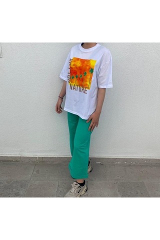 Kız Çocuk Pamuklu Rahat Kesim Manzara Baskılı Tshirt-12926 Beyaz