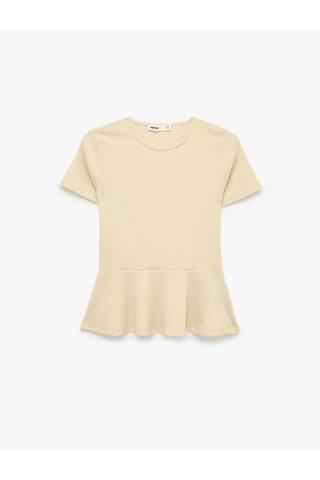 Koton Bürümcük Kumaş Slim Fit Kısa Kollu Bisiklet Yaka Volanlı Peplum Kesim Tişört Bej 6sak50383ek Ekru