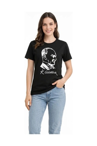 Tarzyeri Kadın Atatürk Baskılı Tişört Kısa Kollu Bisiklet Yaka T-shirt - Siyah Çok Renkli