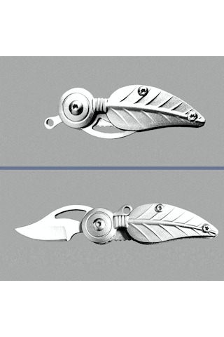 Omeniv Metal Mini Kamp Çakı Kamp Bıçak Anahtarlık Tüy Yaprak Form Gümüş