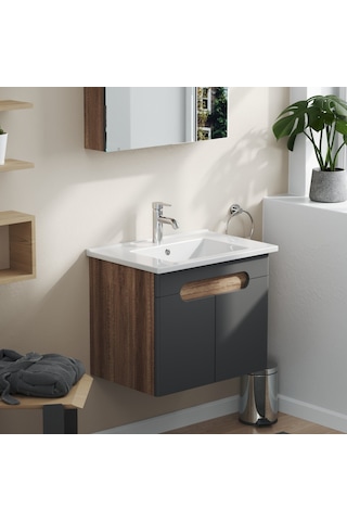 Aqua Bagno Luvi Alt Dolap + Üst Dolap -lavabo Dahil-65 Cm.-3 Parça Antrasit Gri - Atlantik Çam
