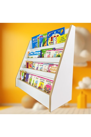 4 Raflı Montessori Kitaplık Çocuk Odası Kitap Rafı Yerden Kitap Beyaz