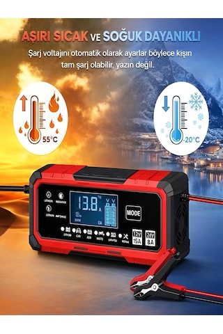 24v/8a 12v/15a Akıllı Akü Şarj Ve Onarım Cihazı Yaz Kış Modlu Lcd Ekranlı Start Stop