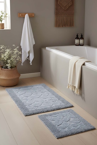 Yaprak Desenli 2 Li Banyo & Klozet Paspas Takımı Gri