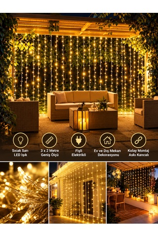 Yılbaşı Işıklandırma 3x3 Metre Fişli Sarı Led Perde Işık Yılbaşı Süsleri Ev Dekorasyonu Pencere Duvar Balkon Aydınlatma Günışığı
