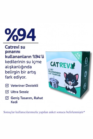 Catrevi 4 L Paslanmaz Çelik Su Pınarı Kedi Köpek Premium Su Çeşmesi Ultra Sessiz Su Sebili 4 Filtre Hediye