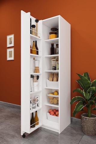 Asra Trend Mk19 Beyaz Kiler Dolabı 40x180 Cm Dar Alan Çok Amaçlı Dolap, 5 Raflı, Kapak İçi Bölmeli,%100 Mdfl Çok Renkli