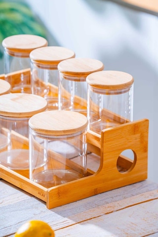 Acar Malibu Bambu Standlı 7 Li Borosilikat Cam Baharatlık Seti Şeffaf