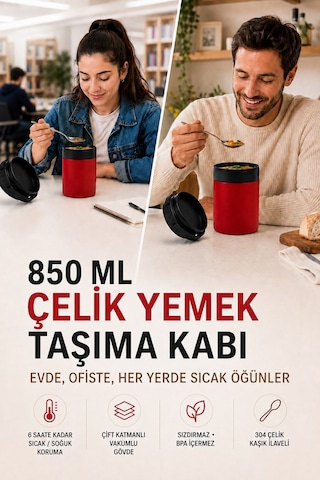 850 Ml Paslanmaz Çelik Sızdırmaz Termos Yemek Taşıma Kabı / Sefer Tası Beslenme Kutusu Kırmızı
