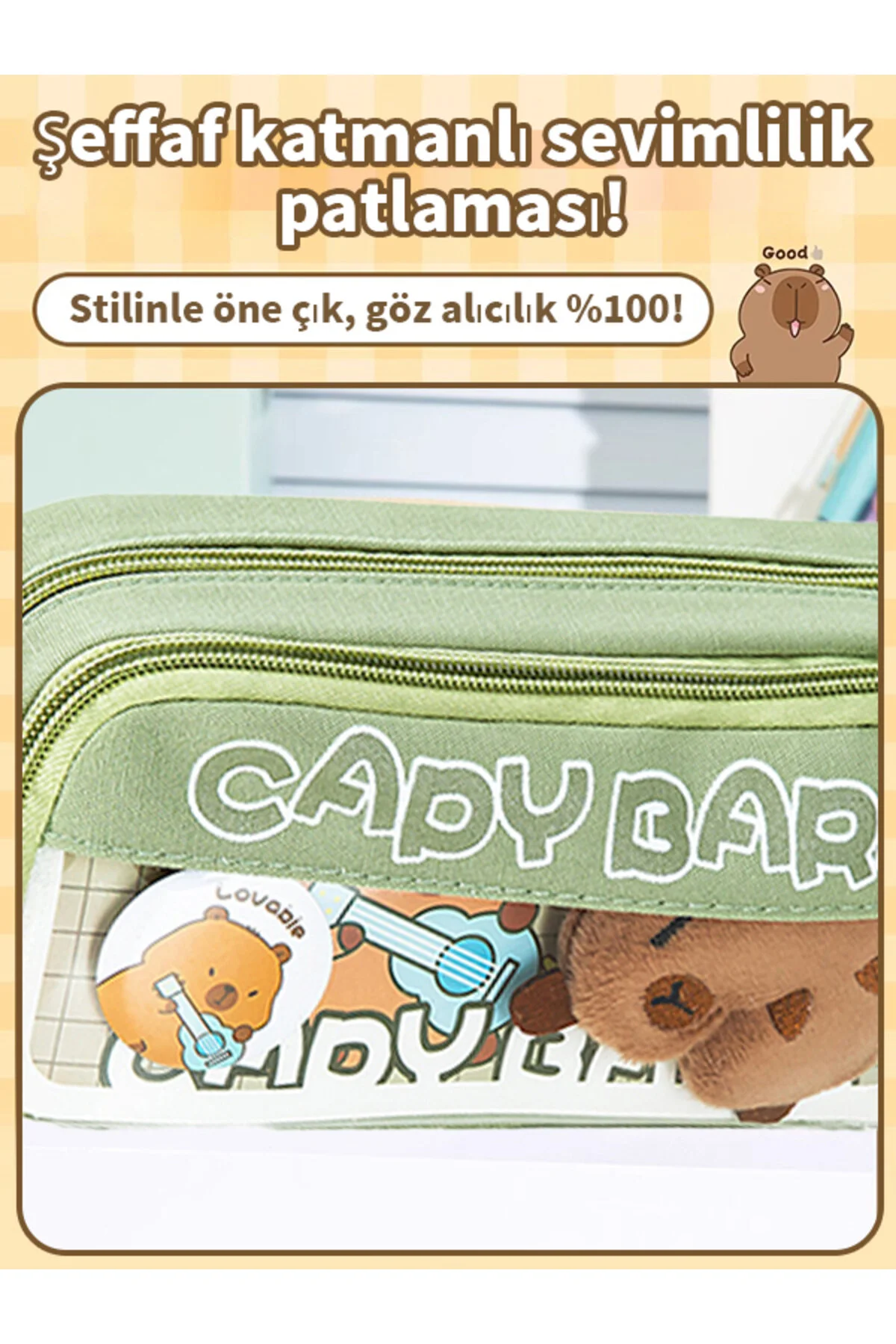 Capy Bara-40 Kalem Kapasiteli Çift Katlı Kalemlik Rastgele Broş & Oyuncak - Sütlü Kahverengi Sütlü Kahverengi