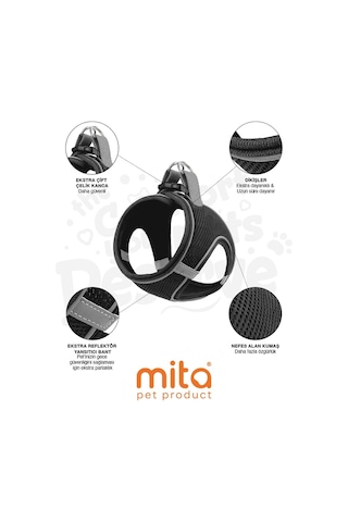 Mita Air Mesh Kedi Köpek Göğüs Tasması Çift Reflektörlü, Terletmeyen Siyah