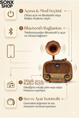 Durukar Gramofon Tasarımlı Nostaljik Bluetooth Radyo Hoparlör Müzik Çalar