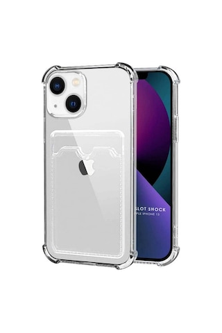 Apple Uyumlu iPhone 13 Kılıf Darbe Emici Köşe Korumalı Kartlıklı Cüzdanlı Silikon Kapak Şeffaf
