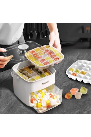 Kacheeg 2'si 1 Arada Çift Katmanlı Buz Küpü Tepsisi, Saklama Kabı İle Kolay İtme Bırakma Kalıbı Beyaz Beyaz