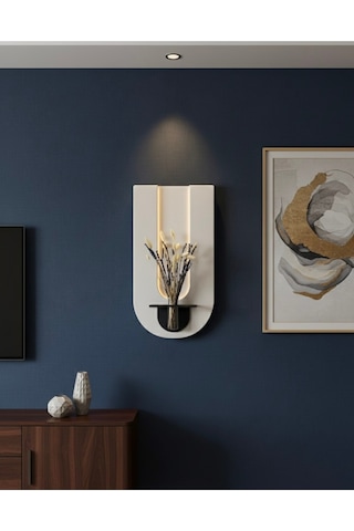 Begonvil Ahşap Pilli Ledli İskandinav Salon Duvar Rafı Şık Modern Çiçeklik 40 X 75 Cm Paris Grisi - Antrasit