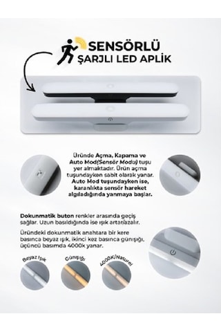 Mıknatıslı Şarjlı Led Işık Micro Usb Şarjlı Kablosuz Led Lamba 3 Farklı Işık Led Aplik Dimlenebilir Beyaz