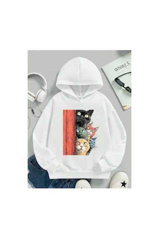 Stil X Sevimli Kediler Baskılı Kapüşonlu Çocuk Sweatshırt Beyaz-2