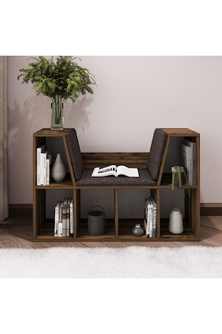 Livora Minderli Kitaplık - Oturma Alanlı 103 Cm Minimalist Tasarım Ceviz
