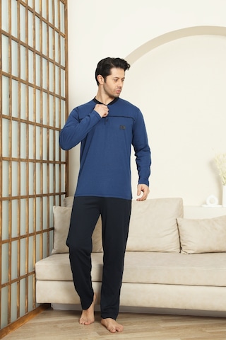Enisena Erkek %100 Pamuklu Pijama Takımı-robalı Ve 3 Düğmeli-12489 İndigo