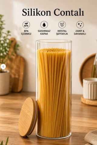 Porsima 4-4 Bambu Borosilikat Vakumlu Kapaklı Yuvarlak Cam 8li Kavanoz Seti Saklama Kabı 2100ml 10x30cm