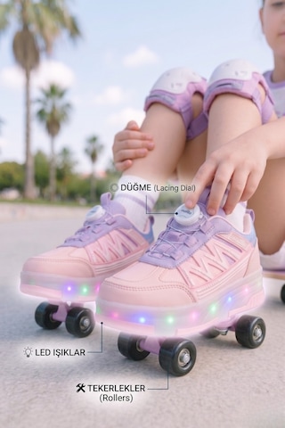 Muggo Skate Çocuk Işıklı Patenli Tekerlekli Sneaker Spor Ayakkabı Pudra