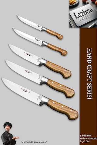 Lazbisa Mtf-037 Hand Craft Mutfak Bıçak Seti Et Ekmek Sebze Bıçağı 5 Li Set Günlük Kullanım