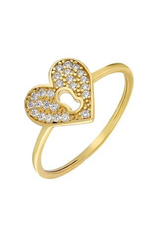 Zirkon Taşlı Kalbimin Kilidi Tasarım Gold Renk 925 Ayar Gümüş Bayan Yüzük Beyaz