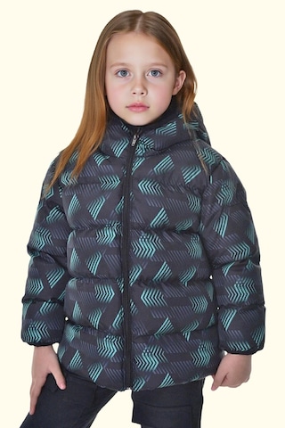 Kız Çocuk Dijital Desen Polar Su Ve Rüzgar Geçirmez Kapüşonlu Şişme Kışlık Mont Siyah - Yeşil