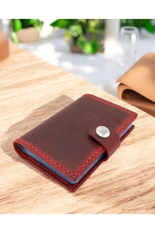 Cronder Hakiki Deri Şeffaf Bölmeli Kartlık Cüzdan Kırmızı