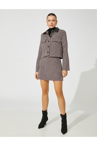 Koton Crop Tüvit Ceket Suni Deri Detaylı Siyah Ekose 3wak50174uw 3WAK50174UW9C9 Siyah