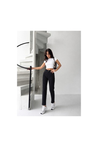 Kene Jeans Siyah Bacak Taşlı Mom Jeans Siyah